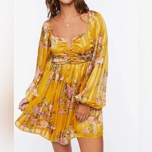 Forever 21 Yellow Floral Long Sleeve Dress